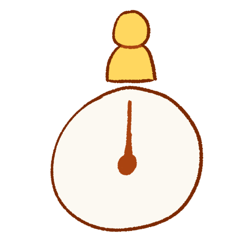  A drawing of a large clock, with both hands pointing to the very top-middle. Above that spot is a plain emoji-yellow person. 